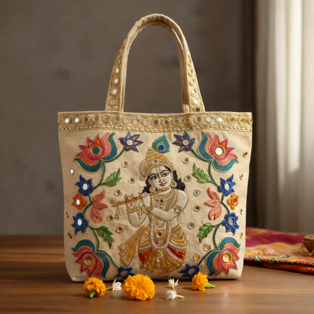 Hand-Embroidered Krishna Canvas Tote Bag with Mirror Work – Artisan Made, Limited Edition
