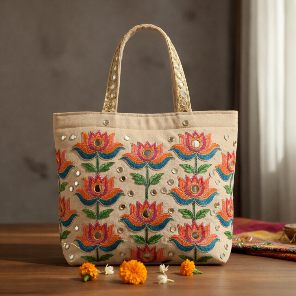 Hand-Embroidered Krishna Canvas Tote Bag with Mirror Work – Artisan Made, Limited Edition