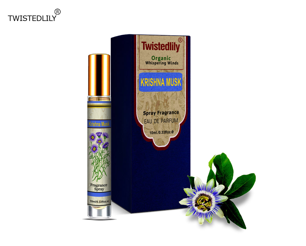 Organic Whispering Winds 10ml. Spray in Tubular Glass Bottle (Scent Krishna Musk)